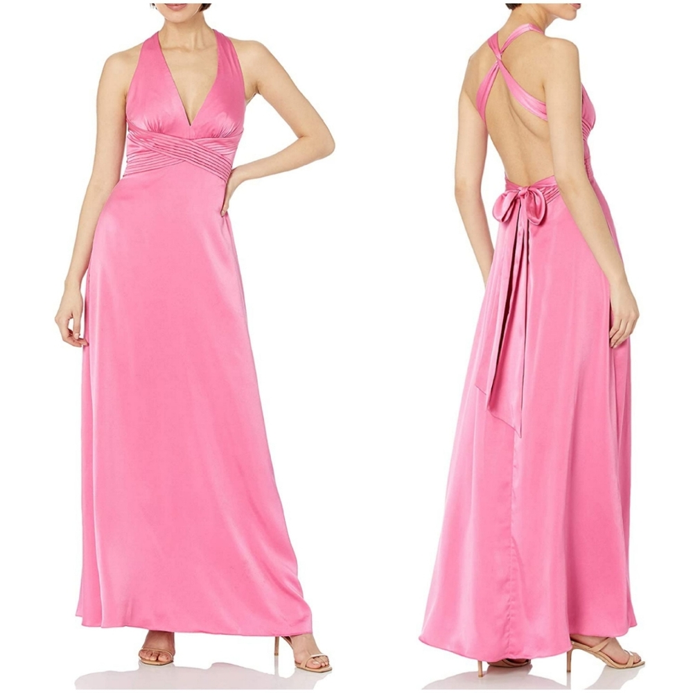 BCBG MaxAzria CERISE DEEP-V PLEATED LONG GOWN